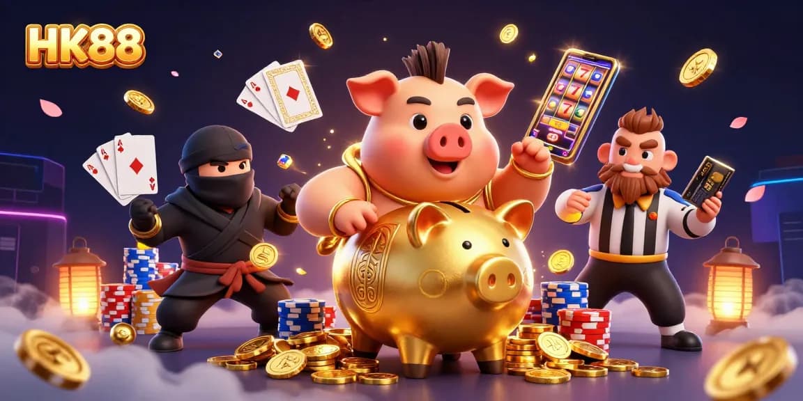 Experience thrilling gameplay at HK88 with a golden piggy bank sumo wrestler and wallet ninja amidst dazzling casino elements.