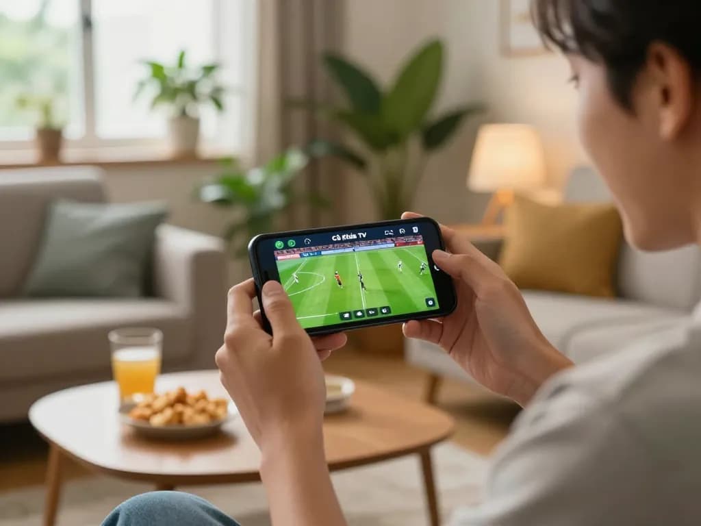 Cà Khịa TV app showcasing live football match on smartphone while enjoying a relaxing evening.
