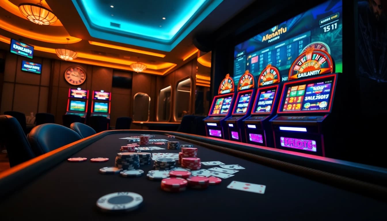 KTPJITU alternatif showing a vibrant online gambling scene with poker chips and slots.
