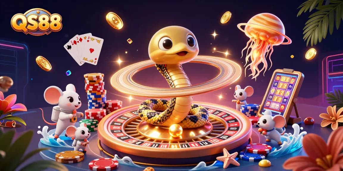 Place your bets with QS88 in this vibrant cosmic casino featuring snakes, astronauts, and jellyfish