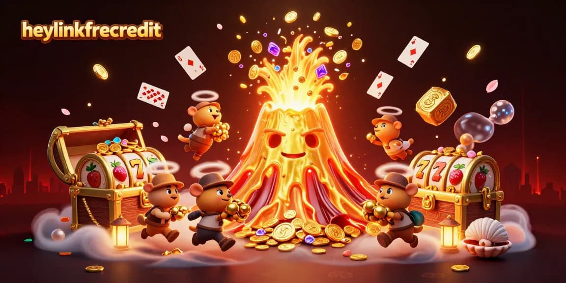heylinkfreecredit showcases a dynamic 3D volcanic eruption filled with treasures and exciting slot elements!