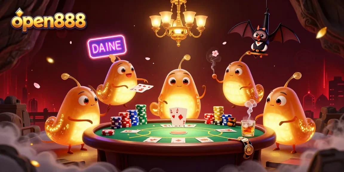 Experience the excitement of open888 in a dynamic, glowing casino with luminescent characters.