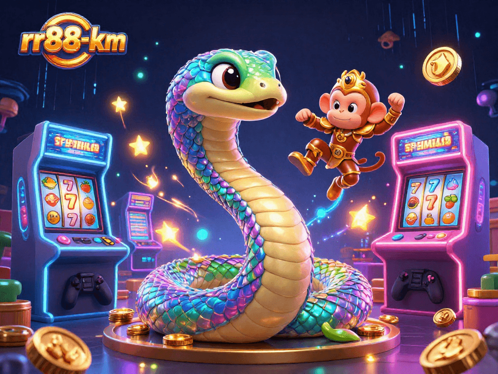 Engage with rr88-km's vibrant casino world, featuring a colorful rainbow serpent and arcade elements.