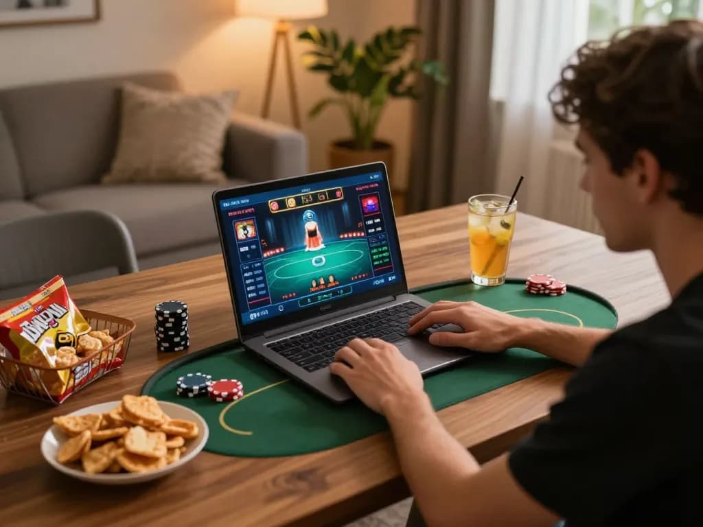 Engaged player enjoying 8xbet online poker at home, surrounded by snacks and drinks in a cozy atmosphere.