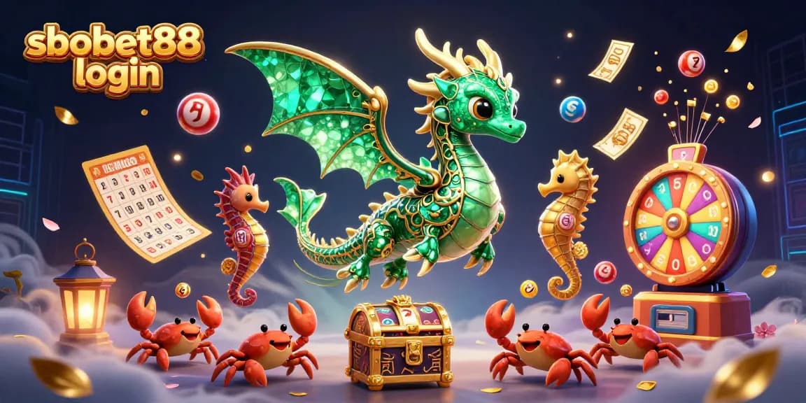 Experience thrilling sbobet88 login with vibrant 3D casino-themed illustration showcasing dynamic game elements.