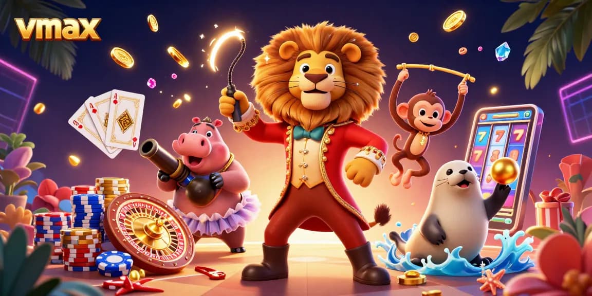 Experience vmax with an energetic 3D casino scene featuring vibrant characters and sparkling game elements.