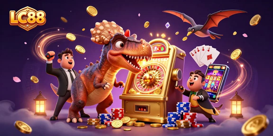 Experience the thrill at LC88 with an epic jackpot scene featuring dinosaurs in a lively casino atmosphere.