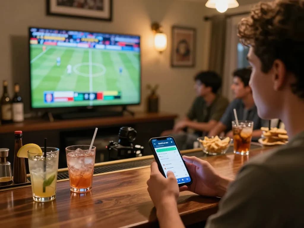 Engaged sports bettor using kebet.br.com on smartphone while watching a live match.