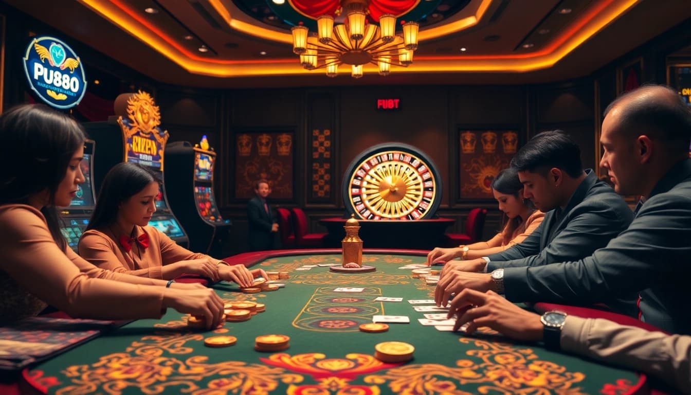 Experience the excitement of PU888 with luxurious casino tables and vibrant slot machines.