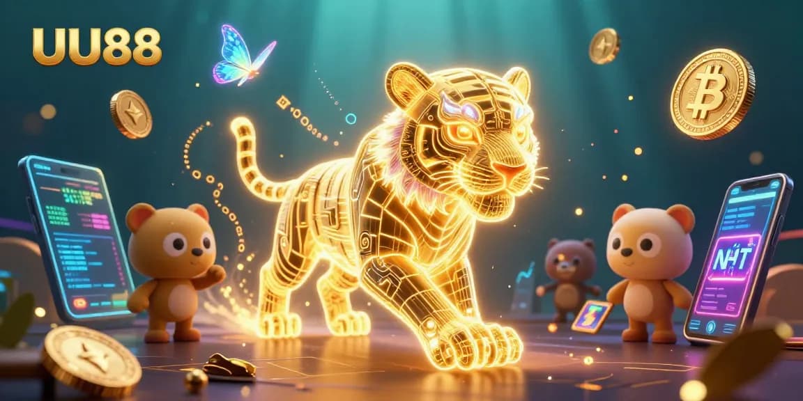 Experience excitement with UU88 in a vibrant digital casino landscape featuring a neon golden tiger and dynamic Bitcoin elements.