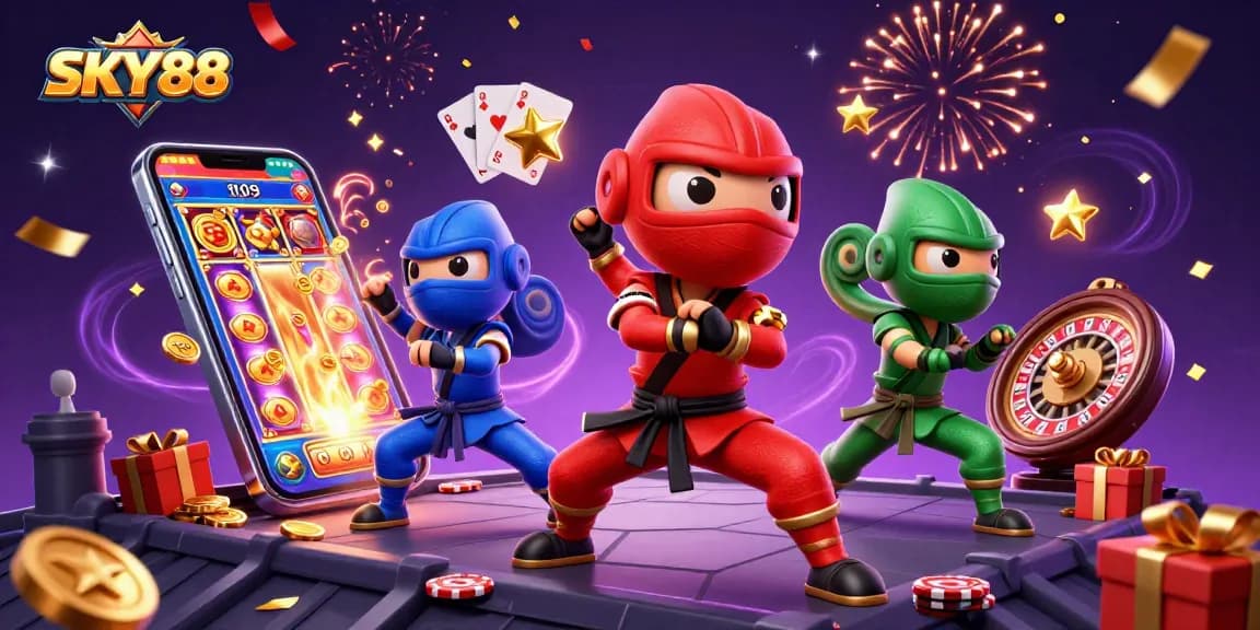 Engage in thrilling gameplay with SKY88 as ninja chameleons celebrate wins in a vibrant casino scene.