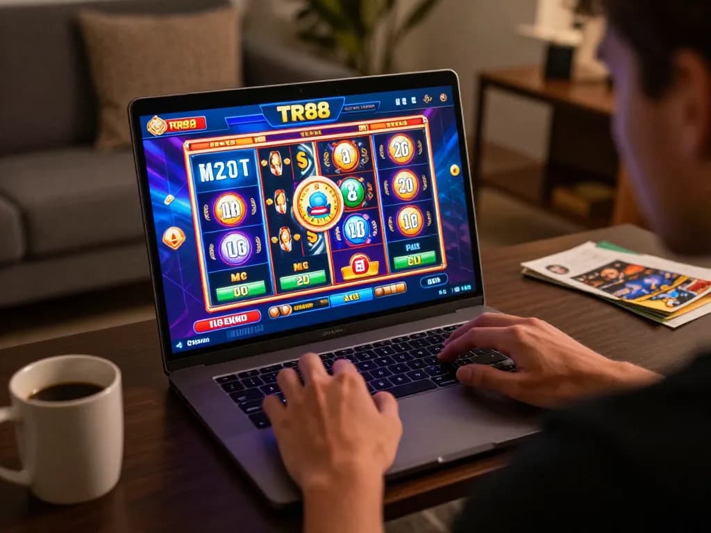 Engaging online gaming session on TR88, showing vibrant slot graphics and a focused player.
