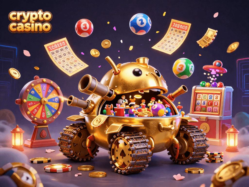 Experience the thrill of a crypto casino with a vibrant 3D illustration featuring a golden beetle tank.