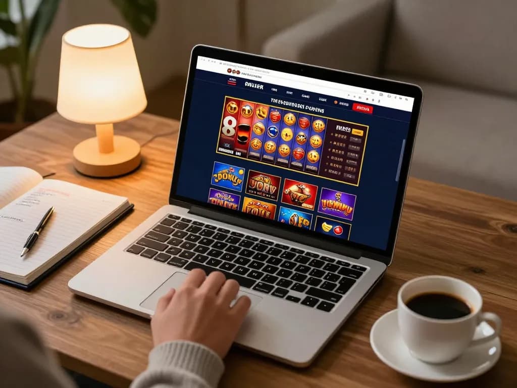 Player engaging with 88x online casino games on a laptop, surrounded by strategic notes and a comfortable atmosphere.