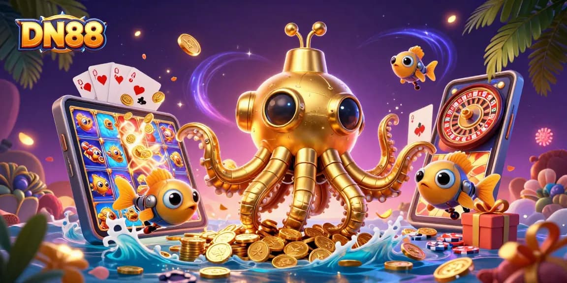 Experience thrilling gameplay at DN88 with a golden kraken submarine amidst a sea of winnings.