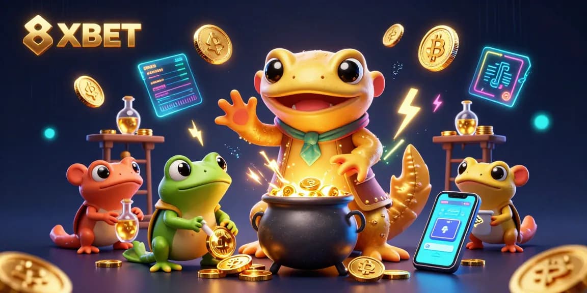 Experience 8XBET's magical world of gold coins and crypto in a captivating 3D illustration.