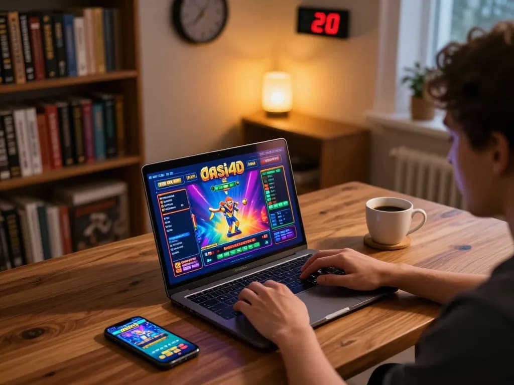 Pemain terlibat dengan permainan dasi4d slot di laptop di pengaturan rumah yang nyaman dengan pencahayaan hangat.