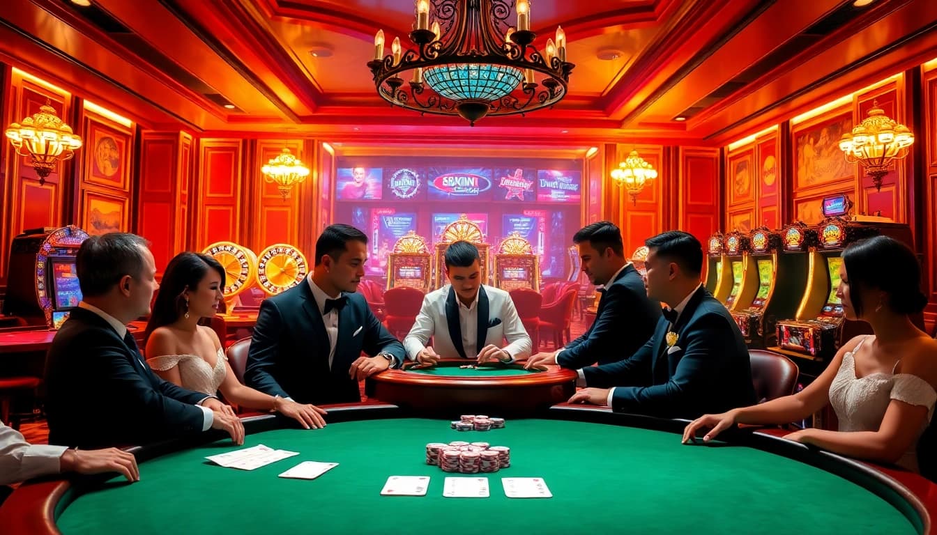 Nạp tiền 68win with players strategizing at a luxurious casino table filled with chips and cards.