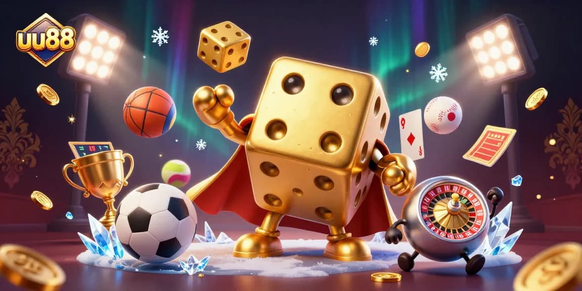 Experience thrilling betting excitement with uu88's dynamic casino-themed illustration featuring golden dice and sports elements.