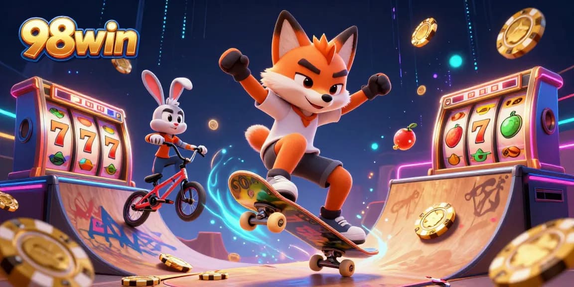Experience thrill at the 98win casino with a vibrant 3D skateboarder scene featuring jackpot elements.