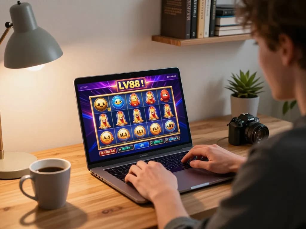Player engaging in LV88 online casino game at home desk with laptop and winning slot screen.