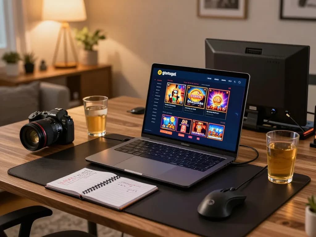 Engaging with gtatogel's casino app on a sleek gaming setup, highlighting online gambling strategies.
