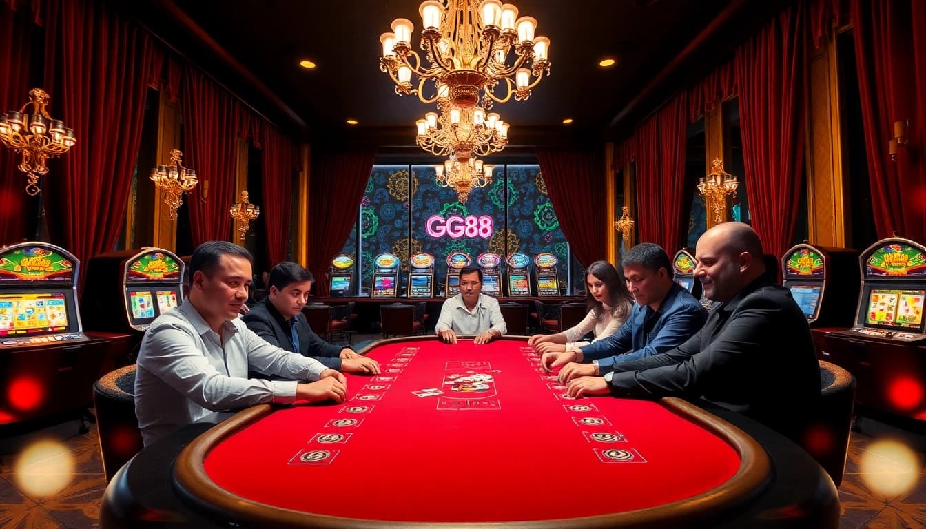 Play poker at the elegant GG88-themed casino table with vibrant atmosphere and luxury decor.