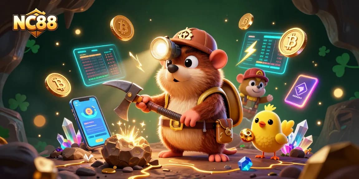Experience thrilling wins with NC88 in this vibrant 3D casino illustration showcasing a treasure hunter and crypto elements.