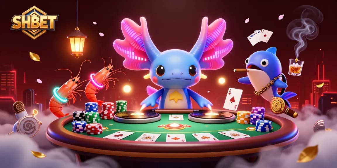 Engage in thrilling gameplay at SHBET with a vibrant casino dance scene of an axolotl DJ spinning records.