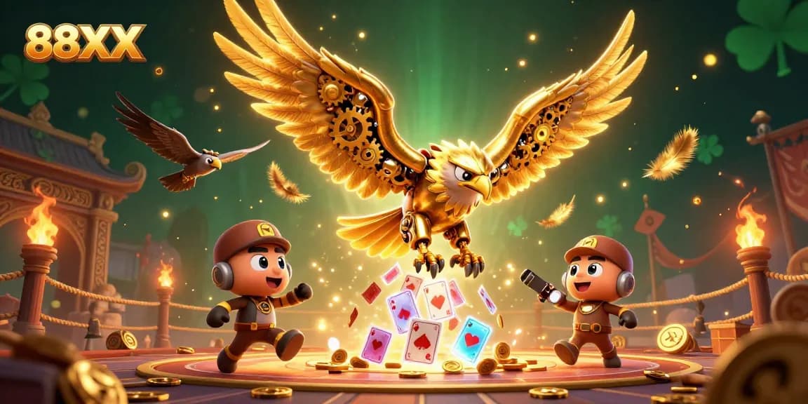 Engage in thrilling gameplay with 88XX at vibrant casino, featuring animated golden eagle and holographic cards.
