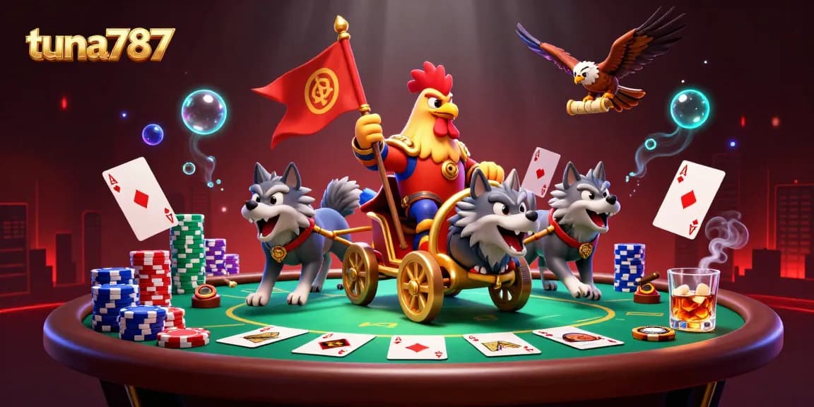 Tuna787 menampilkan karakter ayam jantan 3D sebagai panglima perang dalam suasana perjudian yang menarik, dikelilingi oleh elemen poker.