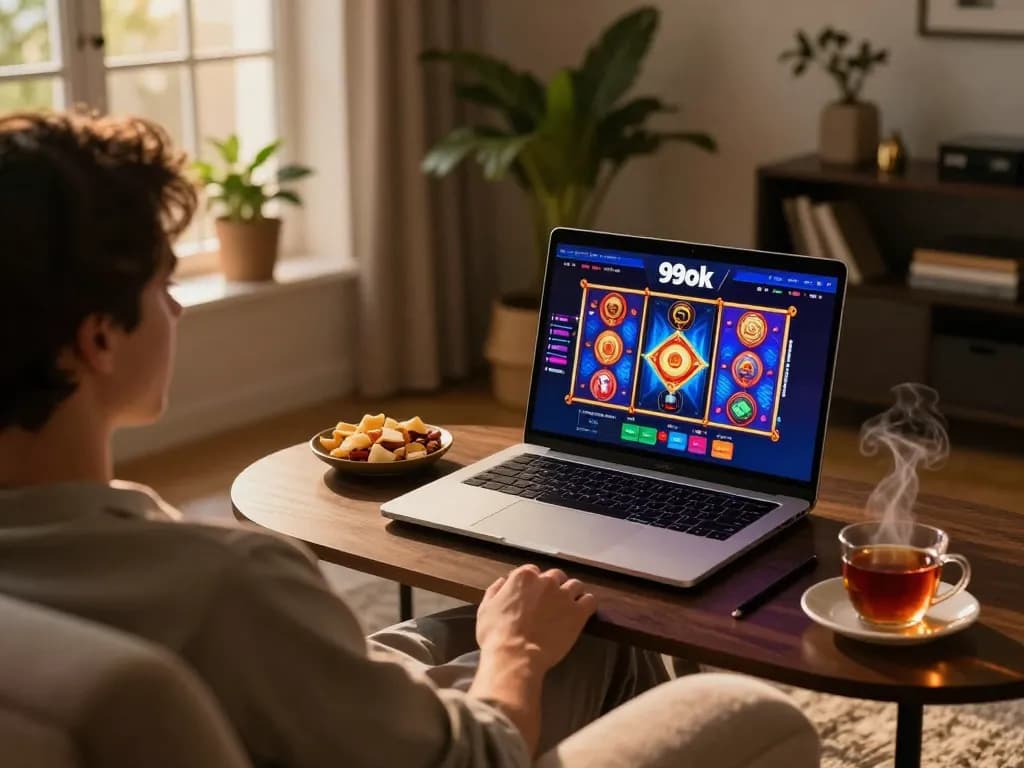 Enjoying a relaxed evening playing vibrant slot games on 99ok casino interface.