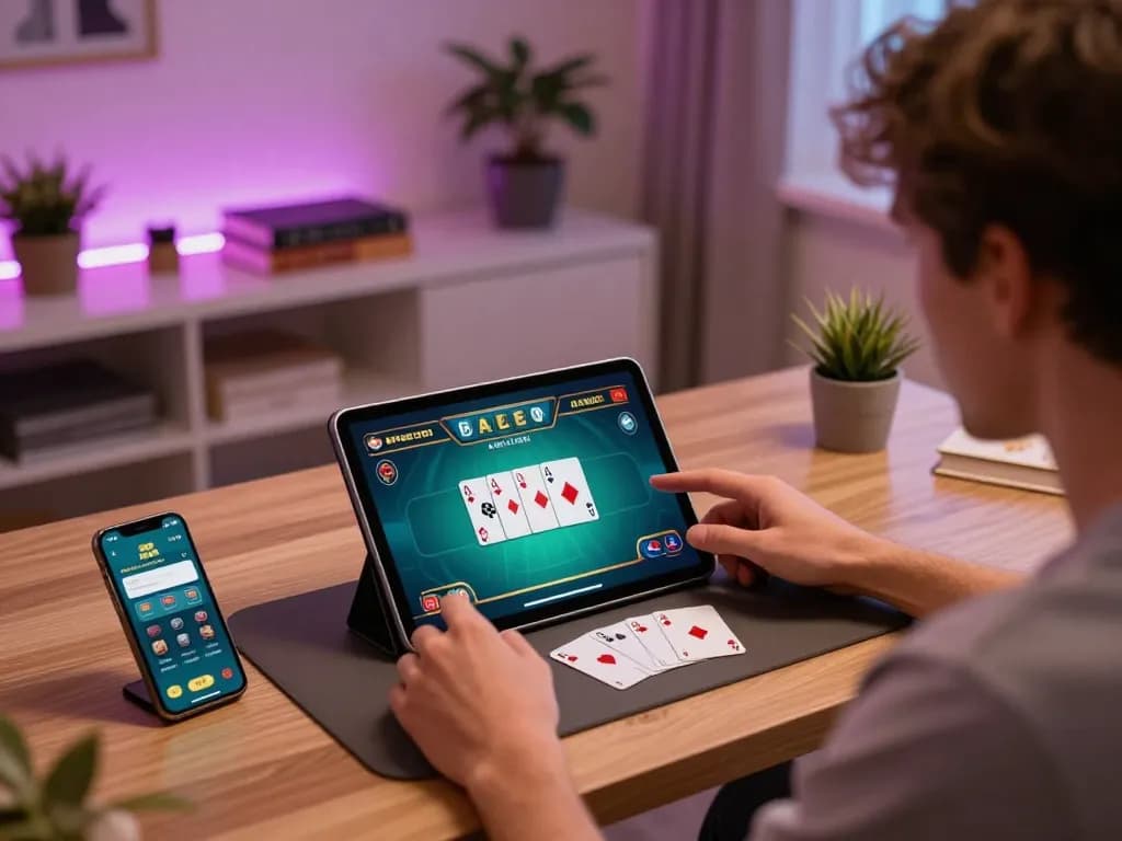 Player engaging in online poker game with n1888 app on tablet in a cozy home setting.