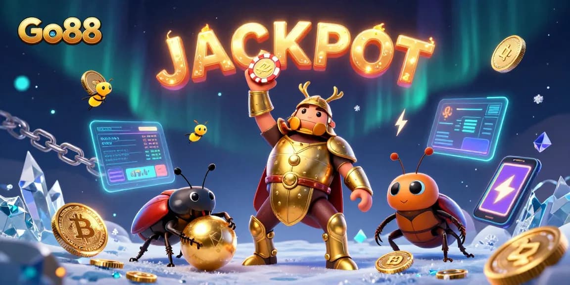 Go88 players experience a thrilling jackpot with a cartoon hercules beetle celebrating victory in a vibrant casino scene.