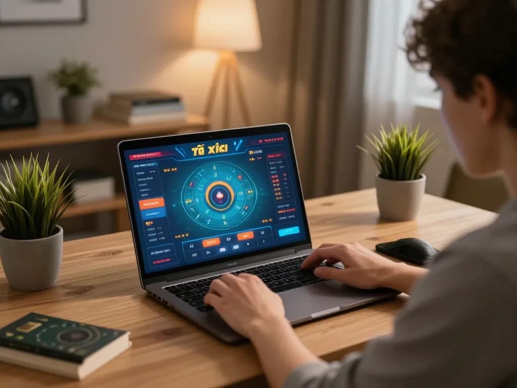 Tài xỉu online gameplay in a cozy home setting with player deeply engaged.