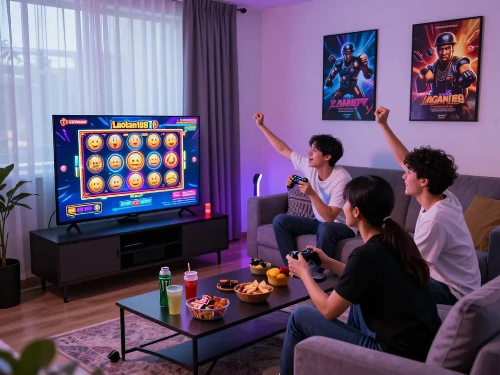 Teman-teman bermain slot gacor laoban188 di ruang tamu yang ramai dengan visual permainan yang hidup.