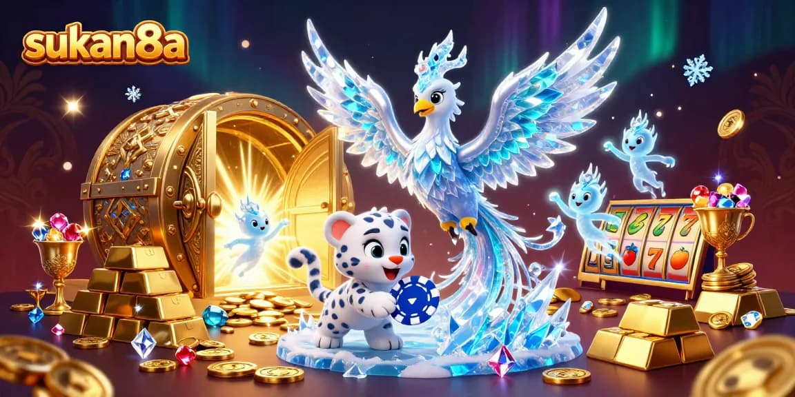 Sukan8a's captivating illustration showcases an ice phoenix and a snow leopard in a vibrant casino adventure.