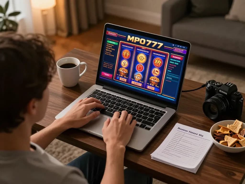 Pemain MPO777 terlibat dalam permainan slot daring sambil mengelola strategi bankroll di meja rumah.