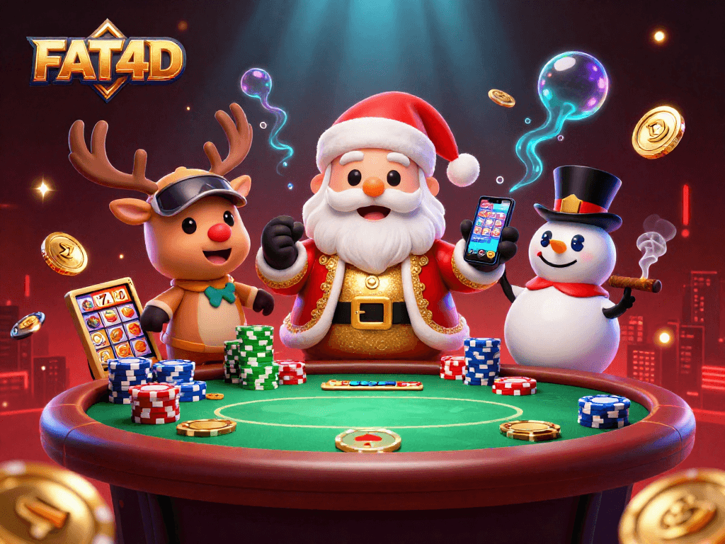FAT4D delivers thrilling slot jackpot action with Santa Claus, a reindeer dealer, and poker chip snowman.
