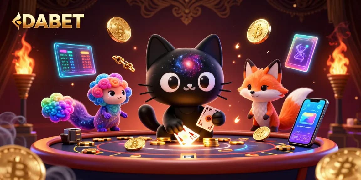 DABET ignites excitement at a cosmic casino with swirling galaxies and glowing crypto coins.