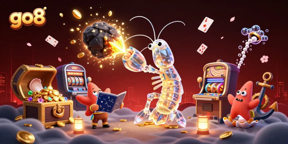 Experience the thrill of go8 with a vibrant depiction of a galactic samurai mantis shrimp amidst exploding slot machines and treasures.