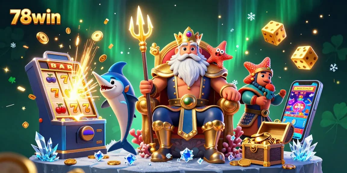 Experience thrilling gameplay with 78win's vibrant 3D casino scene showcasing Neptune, jackpots, and games.