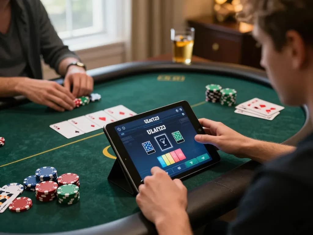 Pemain menikmati aplikasi Ulat123 di rumah, menampilkan pengaturan poker yang berwarna-warni dan permainan strategis.