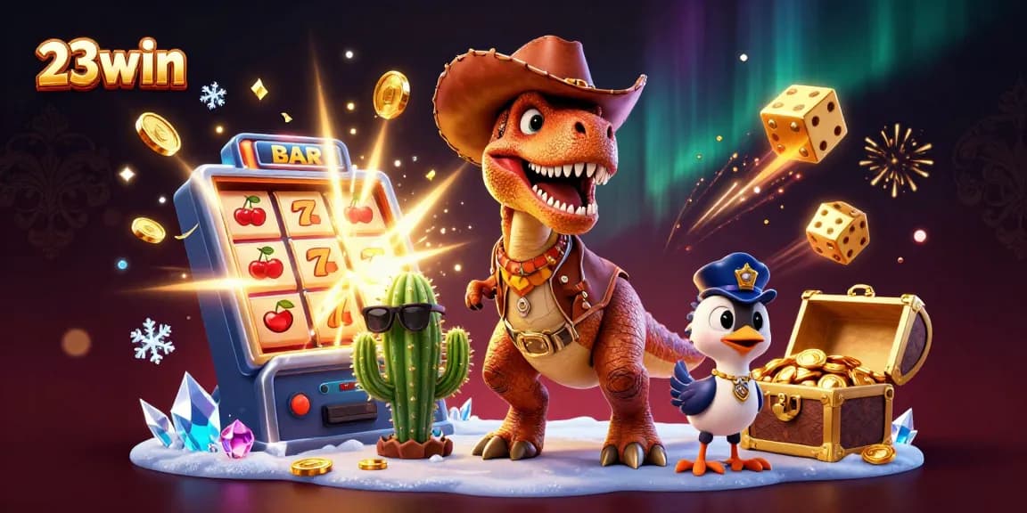 Engage in thrilling slots action at 23win with the animated cowboy T-Rex and friends.