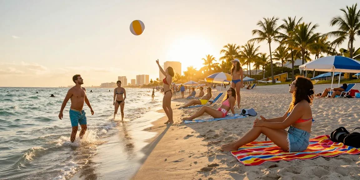 Pengunjung pantai Miami menikmati waktu bersenang-senang di bawah sinar matahari, menggambarkan suasana ceria yang dihadirkan oleh https://miami4d.com/.