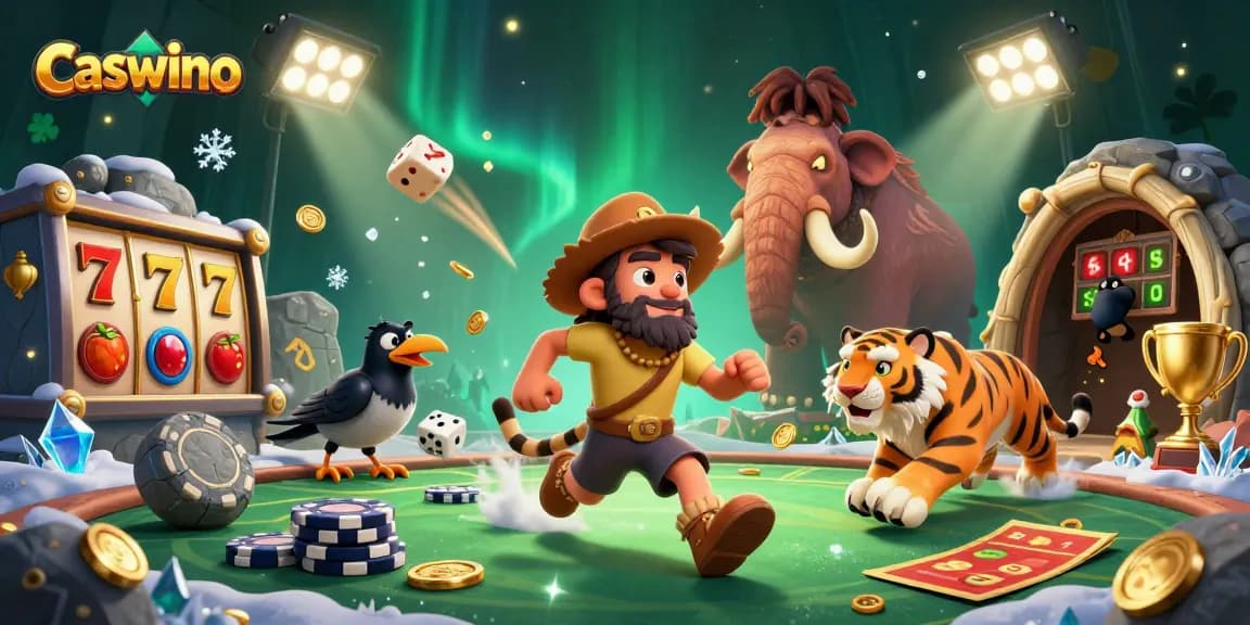 Experience Caswino’s vibrant casino atmosphere with dynamic slot reels and engaging characters.