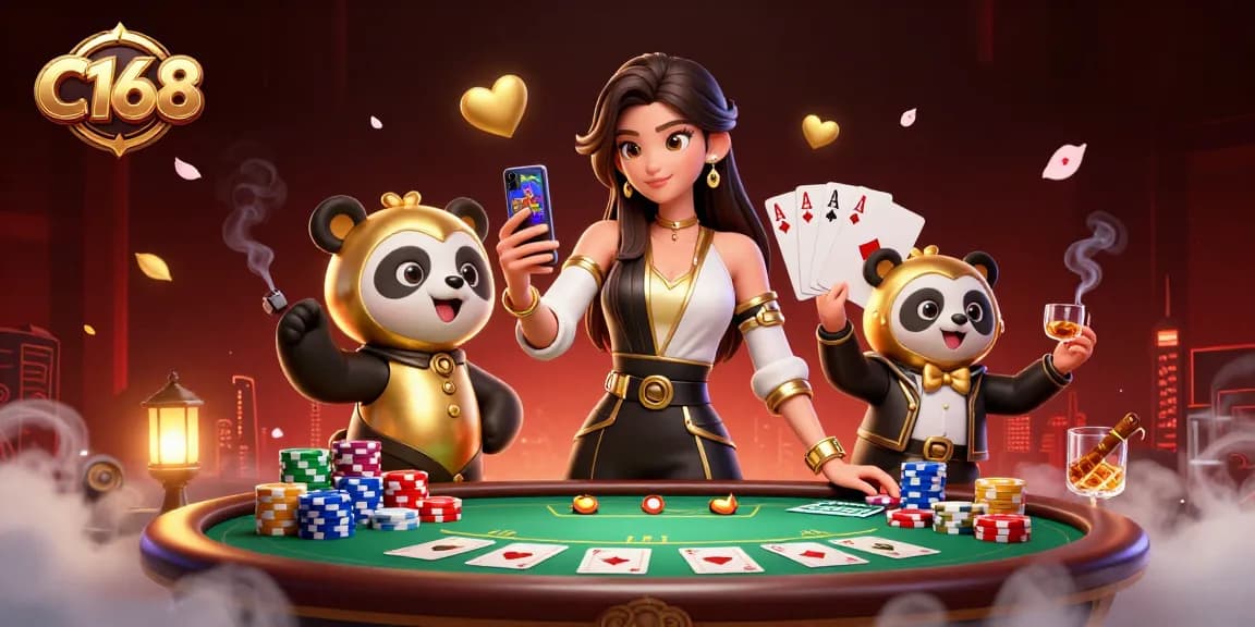 C168 offers an immersive casino experience, featuring an Asian woman holding a smartphone game, complemented by poker elements.