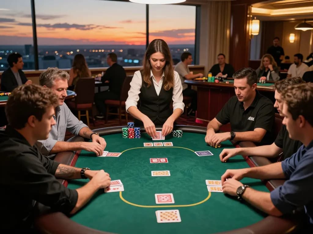 Players engaging in high-stakes poker at a luxury Las Vegas casino, with attention on XX88 cards and stacks of chips