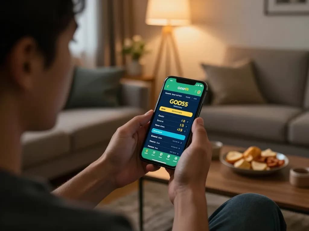 Person using God55 app for sports betting at home, highlighting casual online gambling experience.