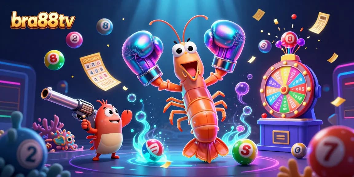 Engage with bra88tv as lottery balls and vibrant prizes surround boxing mantis shrimp in a casino-themed scene.